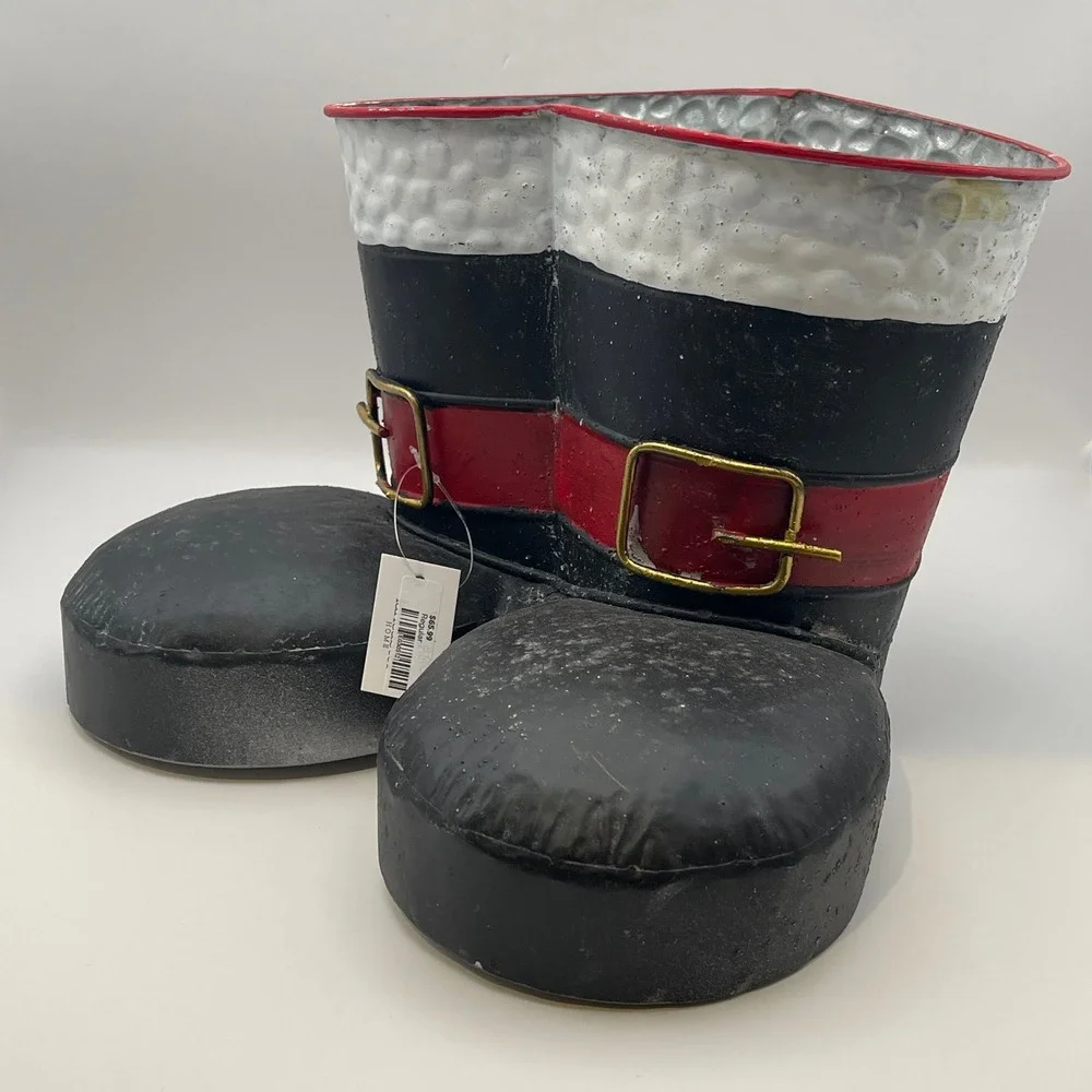 Santa Boots Galvanized Metal Christmas Planter Holiday Decor Black Red White